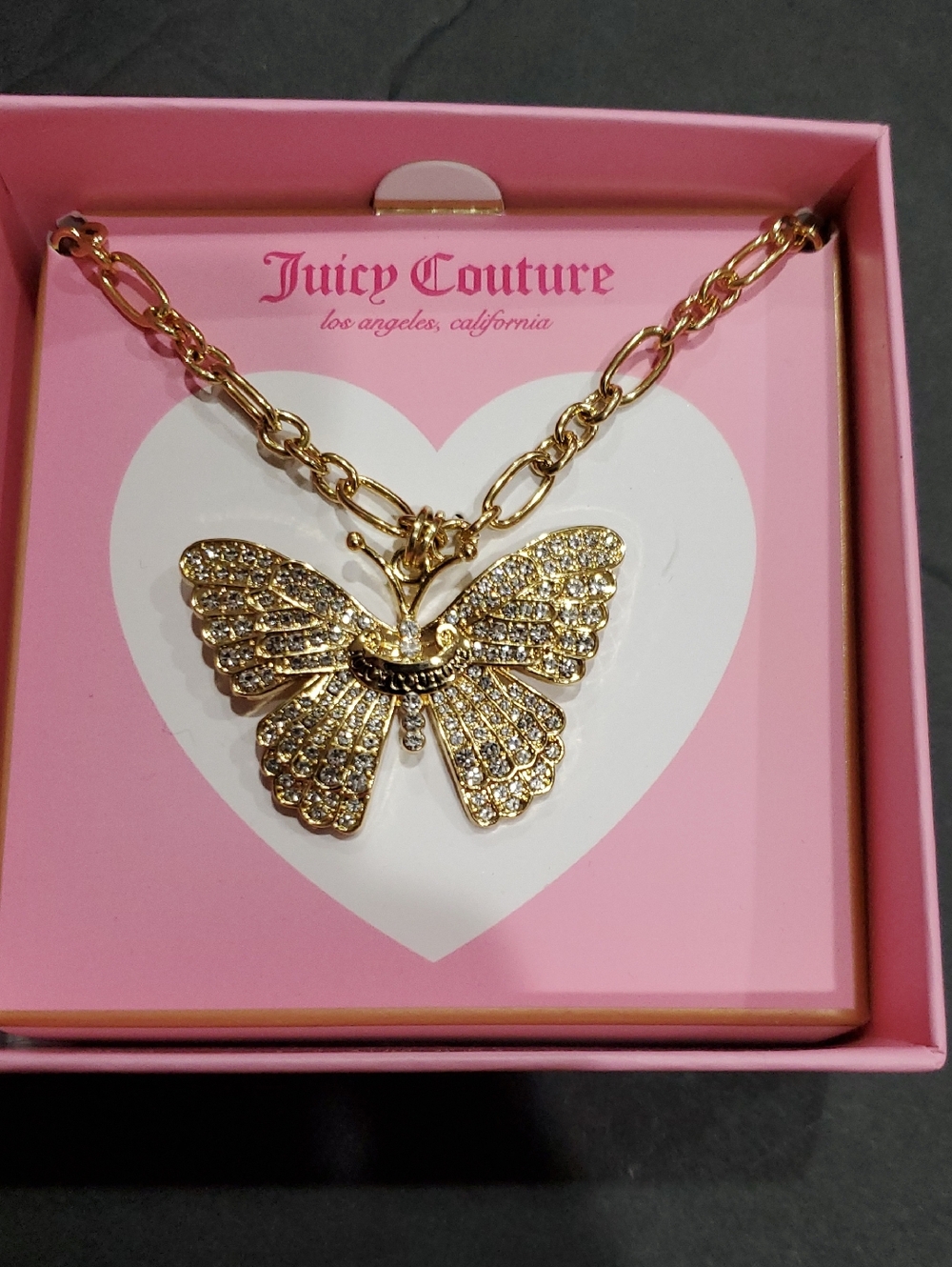 Juicy Couture‎ gold tone pave rhinestone monogram butterfly pendant necklace new